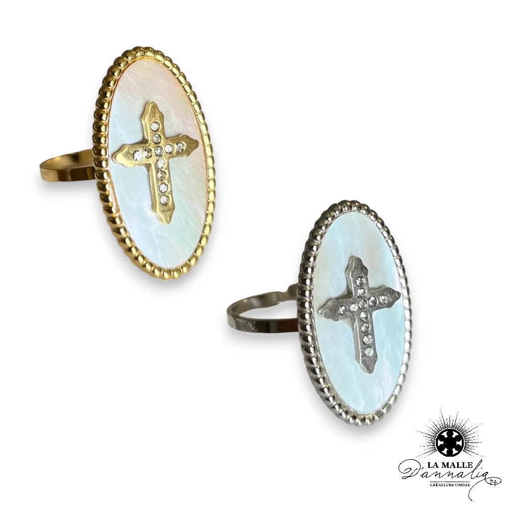 Bague grosse croix, strass et nacre, réglable et ajustable