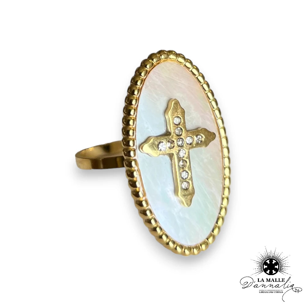 Bague grosse croix, strass et nacre, réglable et ajustable