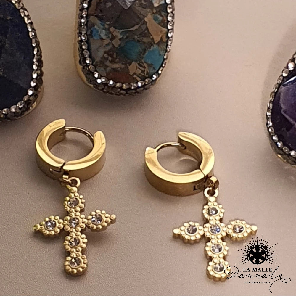 Boucle d'Oreille Croix Strass style baroque Acier inoxydable