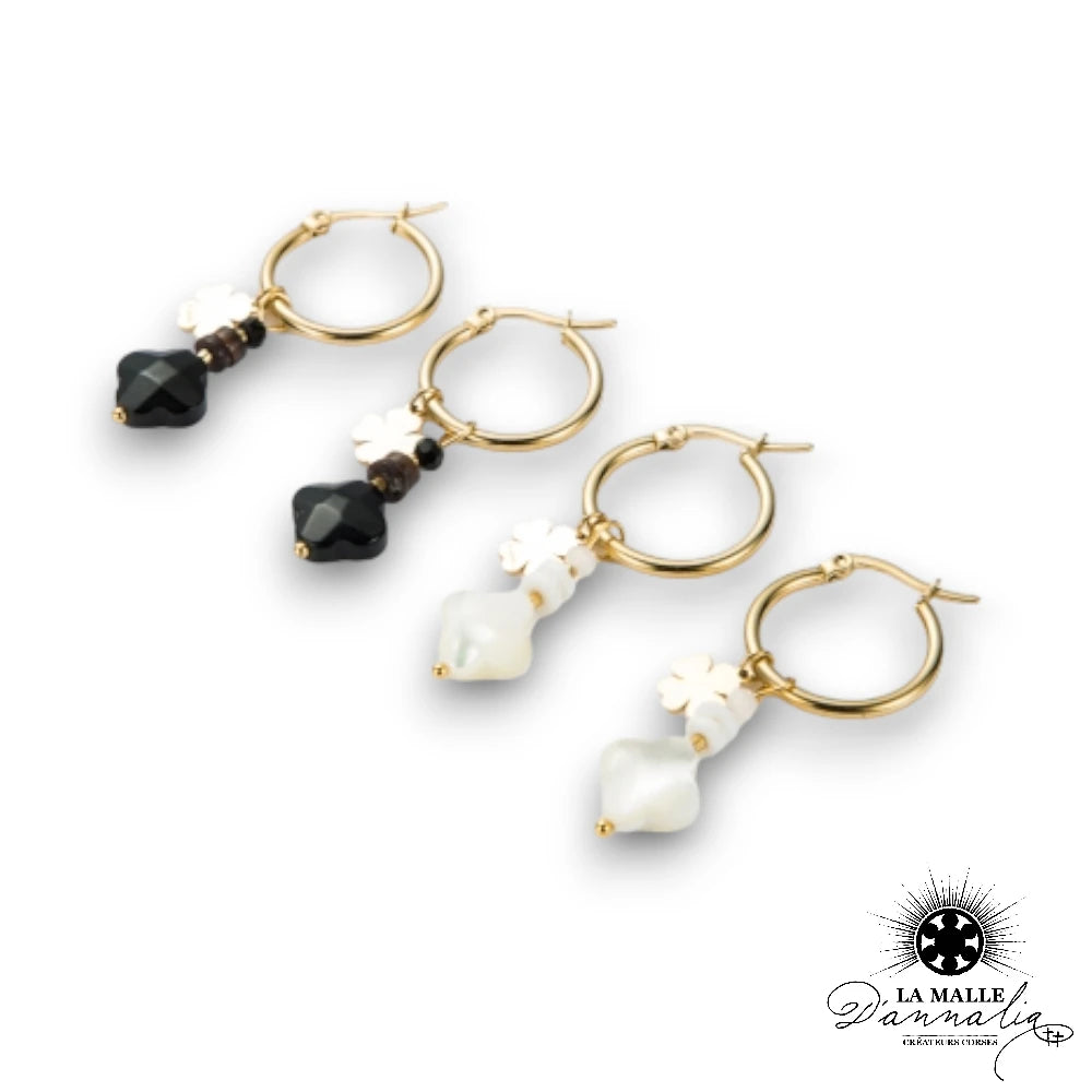 lamalledannalia-boucle-oreille-acier-inoxydable-dore-treffle-perle-blanche-noir