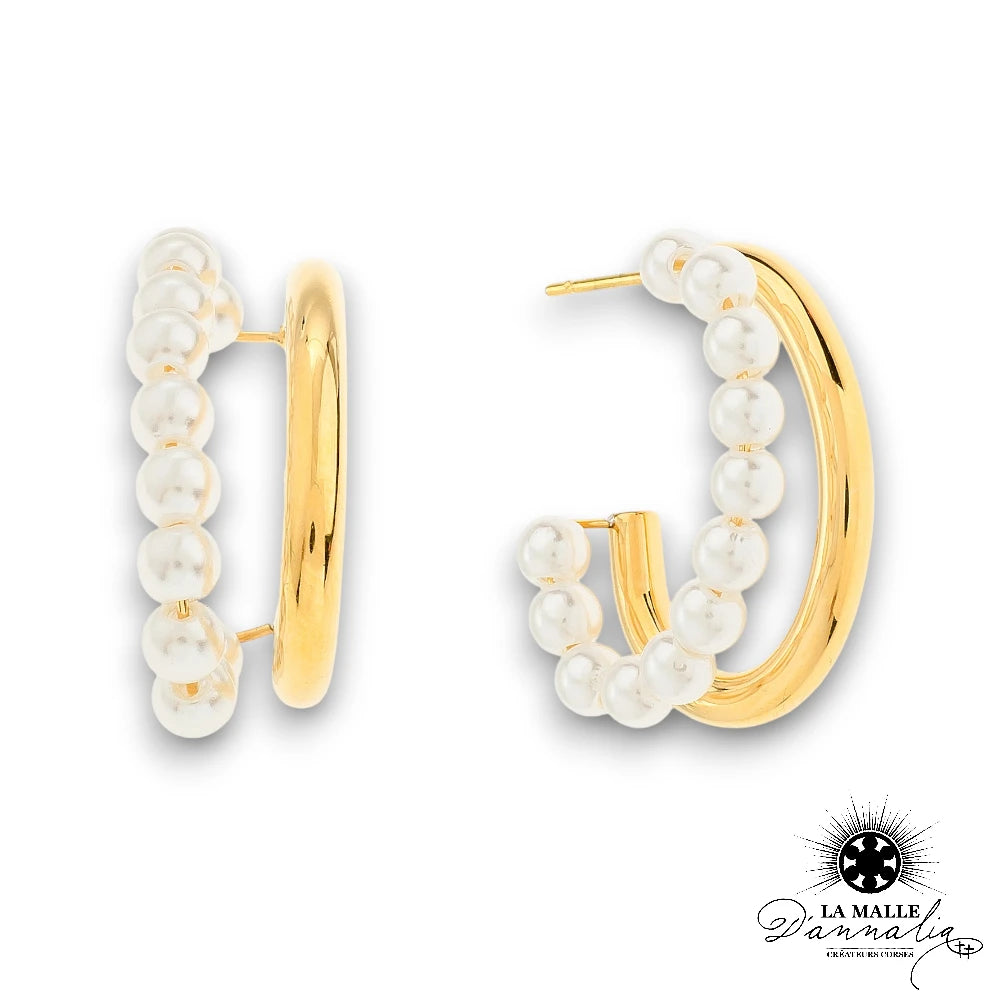 Boucles d'Oreilles Double Créoles Perles d'eau acier inoxydable