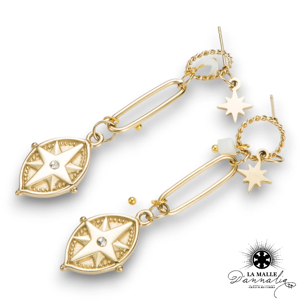 Boucles d'Oreilles Acier inoxydable Pendantes Rose des Vents Strass