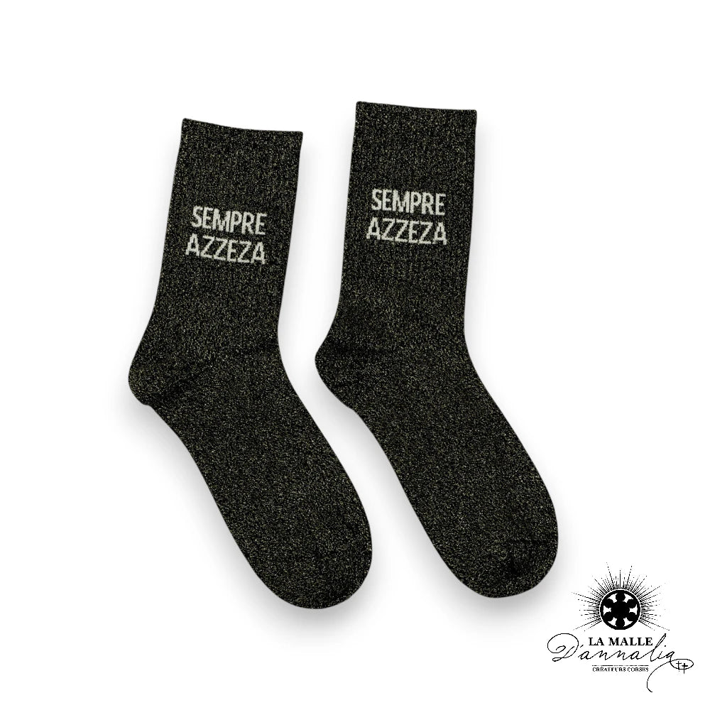 🖤 Chaussettes Pailletées SEMPRE AZZEZA Noir - Chaussettes Corses Femme Lurex Message Corse ✨