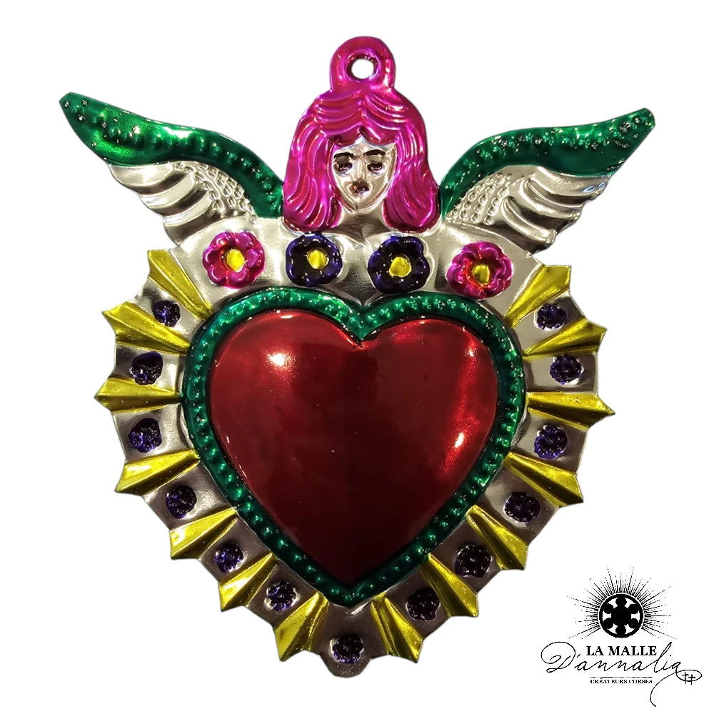 lamalledannalia-ex-voto-metal-repousse-mexique-mexicain-guadalupe-decoration-mural-coeur-rouge-fleur-jaune-vert-rose-aile