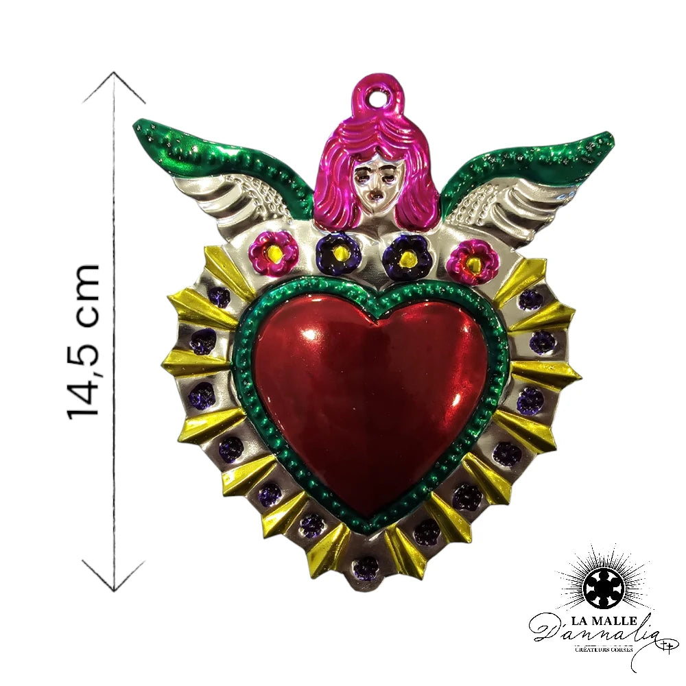 lamalledannalia-ex-voto-metal-repousse-mexique-mexicain-guadalupe-decoration-mural-coeur-rouge-fleur-jaune-vert-rose-aile