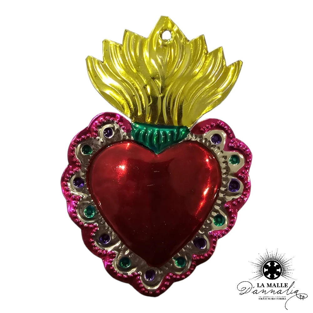 lamalledannalia-ex-voto-metal-repousse-mexique-mexicain-guadalupe-decoration-mural-coeur-rouge-gris-fleur-jaune-vert