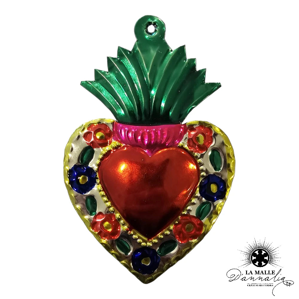 lamalledannalia-ex-voto-metal-repousse-mexique-mexicain-guadalupe-decoration-mural-coeur-rouge-gris-fleur-jaune-vert