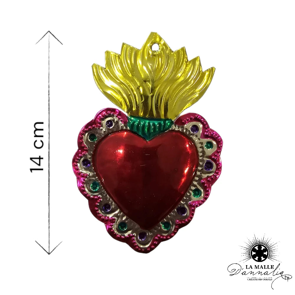 lamalledannalia-ex-voto-metal-repousse-mexique-mexicain-guadalupe-decoration-mural-coeur-rouge-gris-fleur-jaune-vert