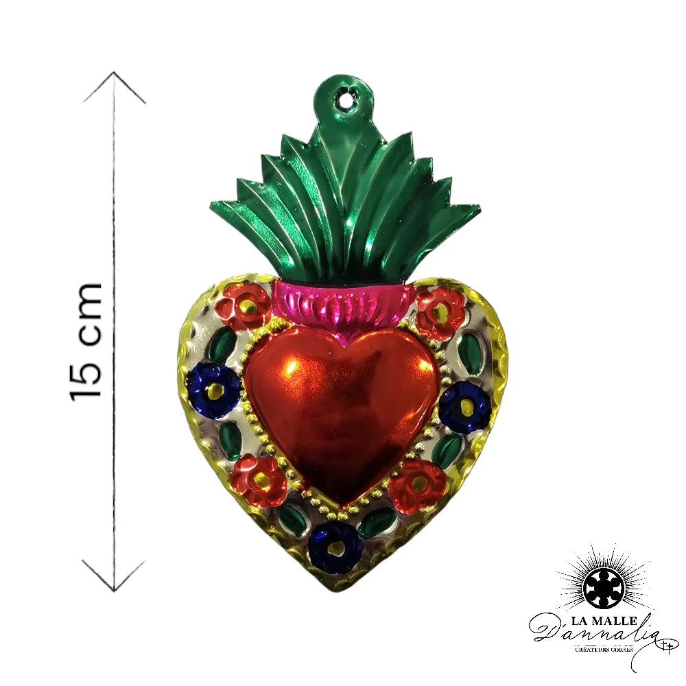 lamalledannalia-ex-voto-metal-repousse-mexique-mexicain-guadalupe-decoration-mural-coeur-rouge-gris-fleur-jaune-vert