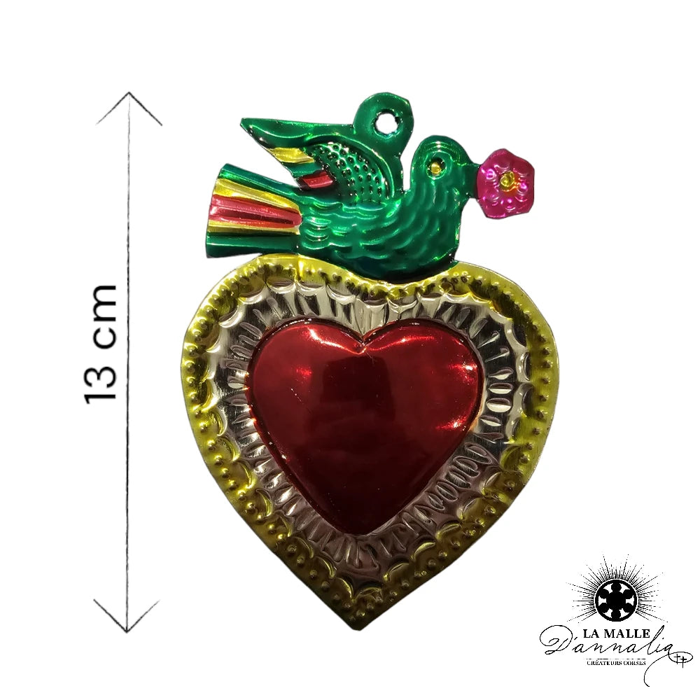 lamalledannalia-ex-voto-metal-repousse-mexique-mexicain-guadalupe-decoration-mural-coeur-rouge-oiseau-vert