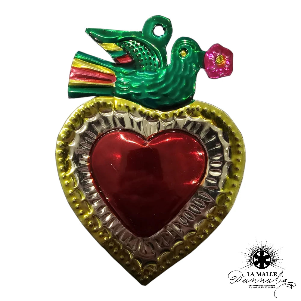 lamalledannalia-ex-voto-metal-repousse-mexique-mexicain-guadalupe-decoration-mural-coeur-rouge-oiseau-vert
