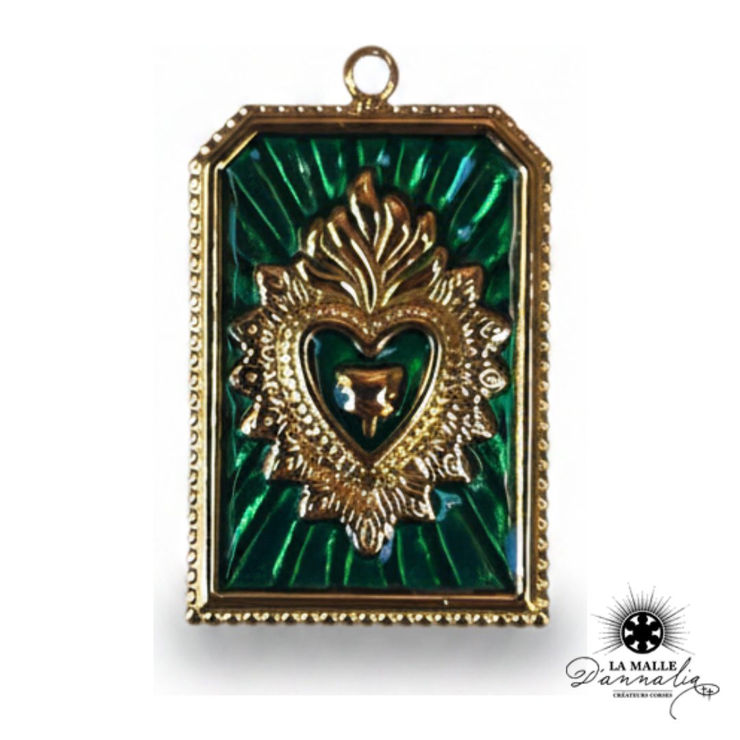 breloque ex-voto cœur rayonnant vert émaillé doré charm mystique solaire La Malle d'Annalia