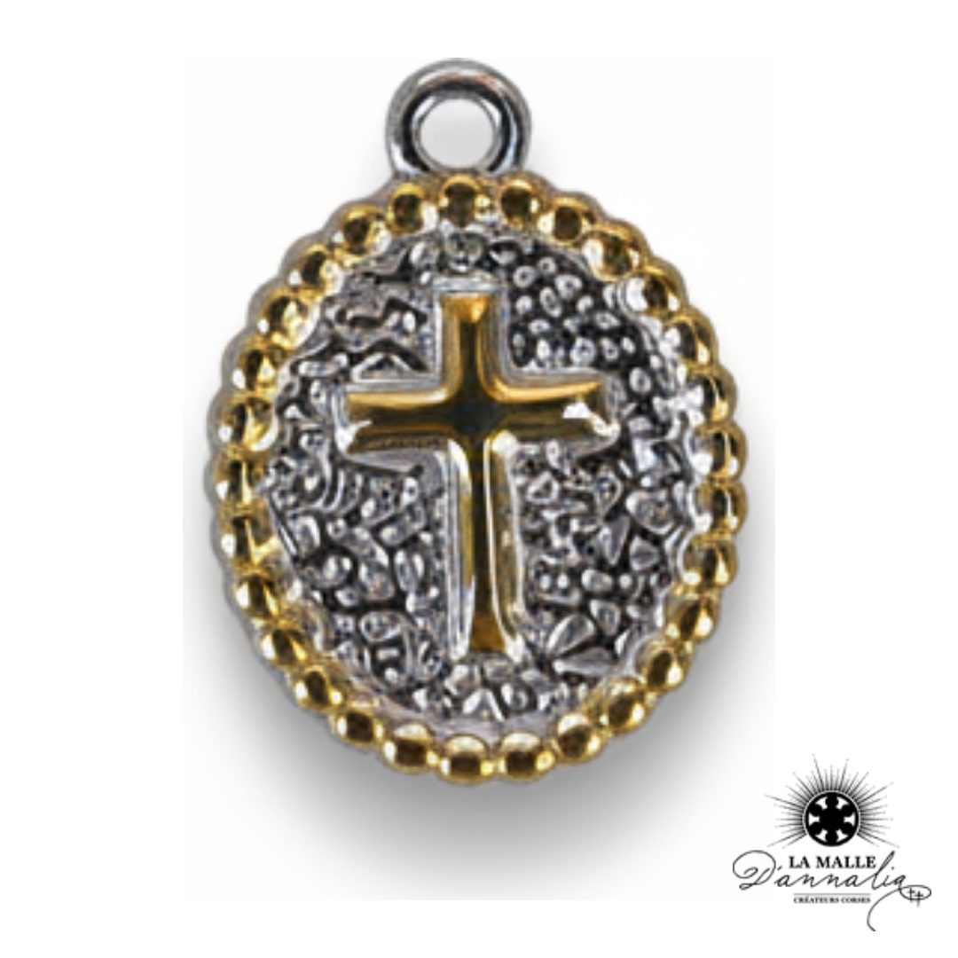 breloque ronde croix bicolore argentée dorée bordure perlée charm foi élégant La Malle d'Annalia