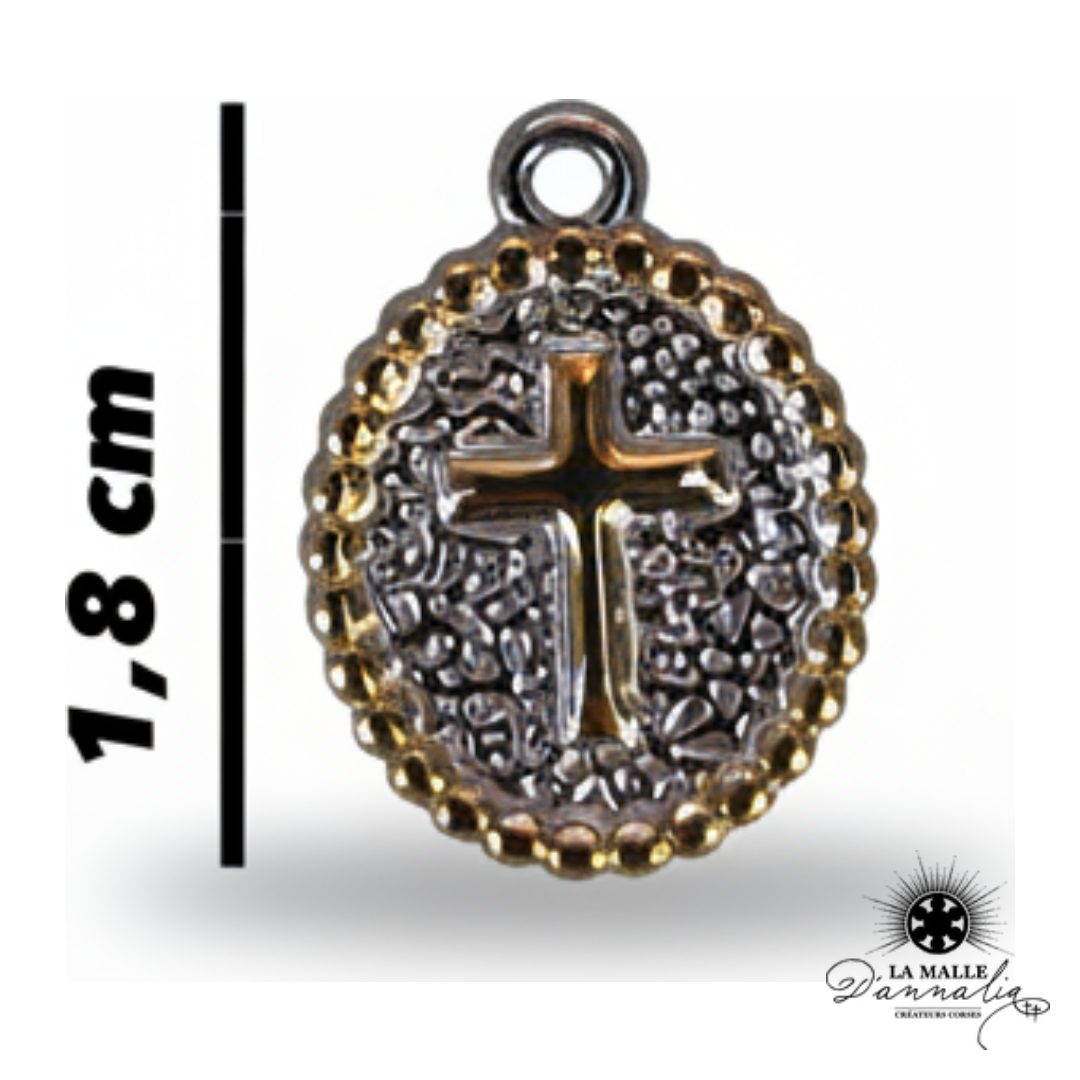charm médaille croix chrétienne bicolore bord perlé acier inoxydable bijou La Malle d'Annalia