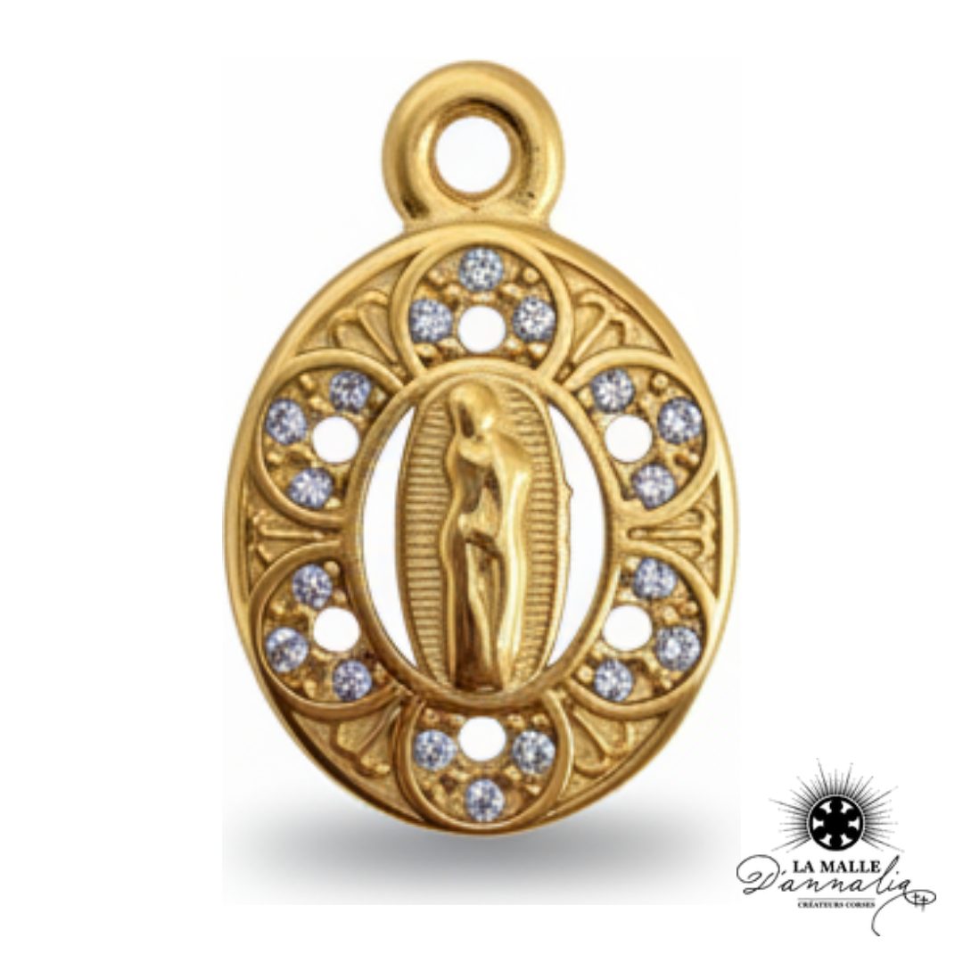 breloque médaille ovale Vierge Marie dentellée cristaux dorés 1,8cm charm La Malle d'Annalia