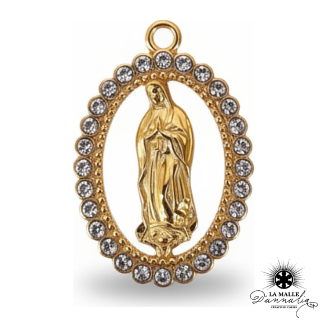 breloque médaille ovale Vierge Marie auréole cristaux 2,5cm charm grâce dorée La Malle d'Annalia
