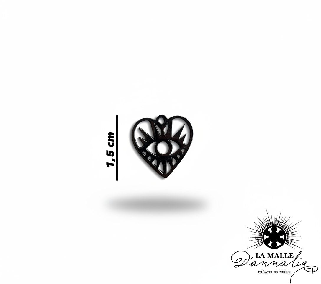 Pendentif cœur noir 1,5 cm motif œil rayonnant lamalledannalia