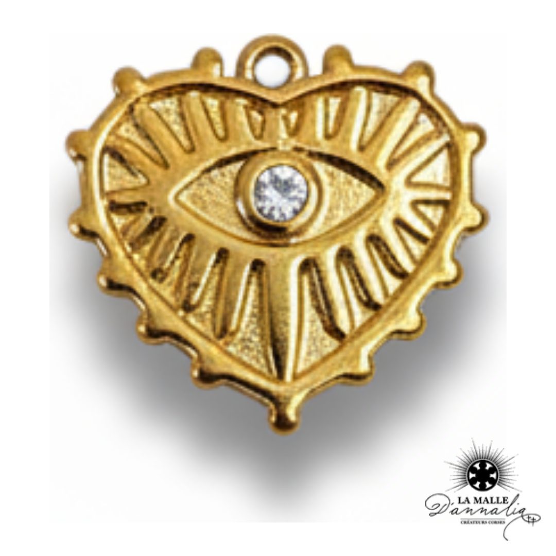 Breloque Cœur Œil Doré Strass — Charm Glamour Talisman 1,5 cm