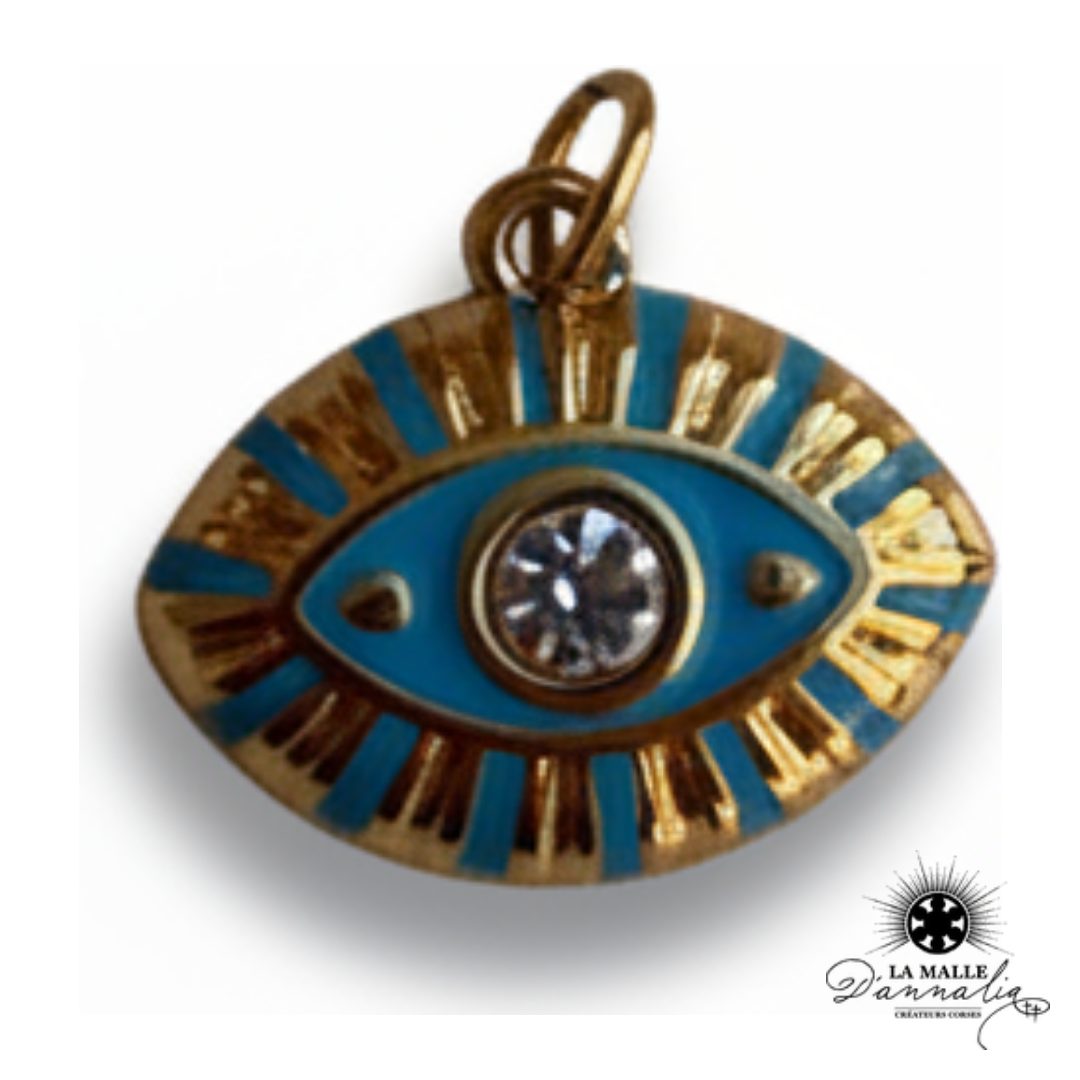 Breloque Ovale Œil Turc Émaillé Bleu Doré — Charm Nazar 1,3 cm