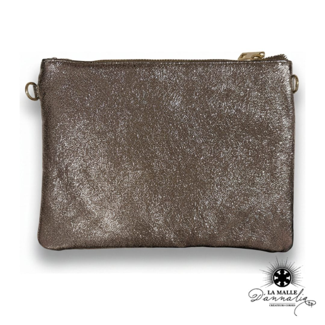 Pochette Cuir Véritable Champagne — Dragonne & Bandoulière — Italie