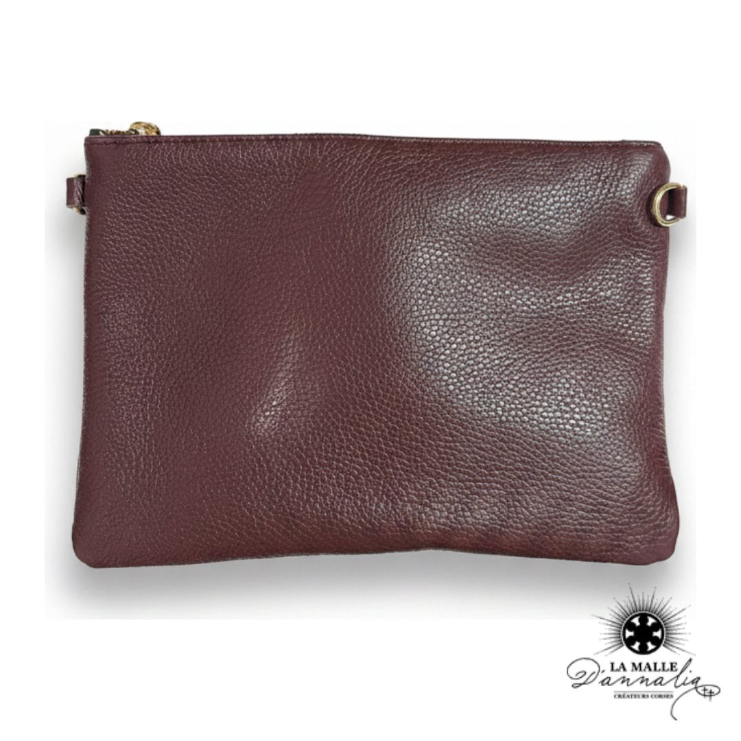 Pochette Cuir Véritable Bordeaux — Dragonne & Zip Doré — Italie