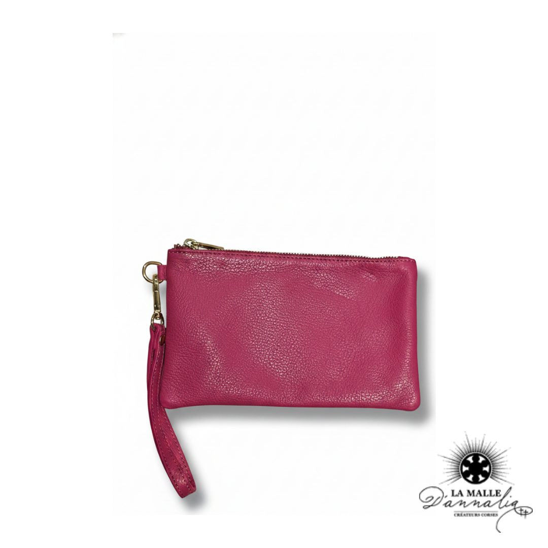 Pochette Cuir Véritable Fuchsia — Dragonne & Zip Doré — Italie