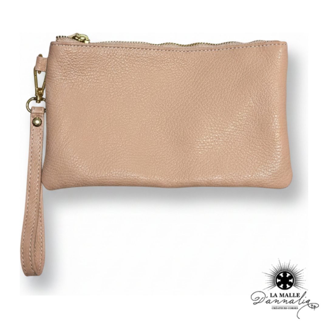 Pochette Cuir Véritable Rose Clair — Dragonne & Zip Doré — Italie