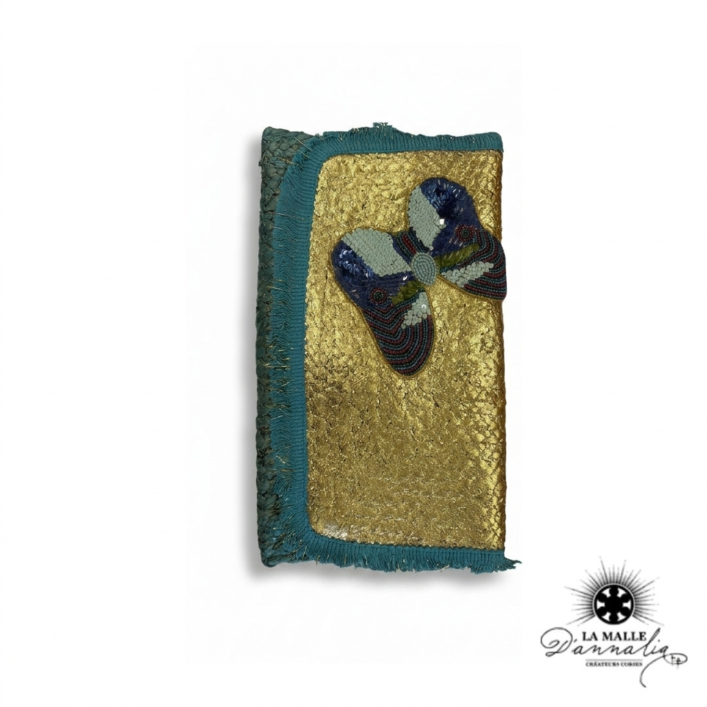 Pochette de Plage Bleu Papillon Brodé & Franges Dorées