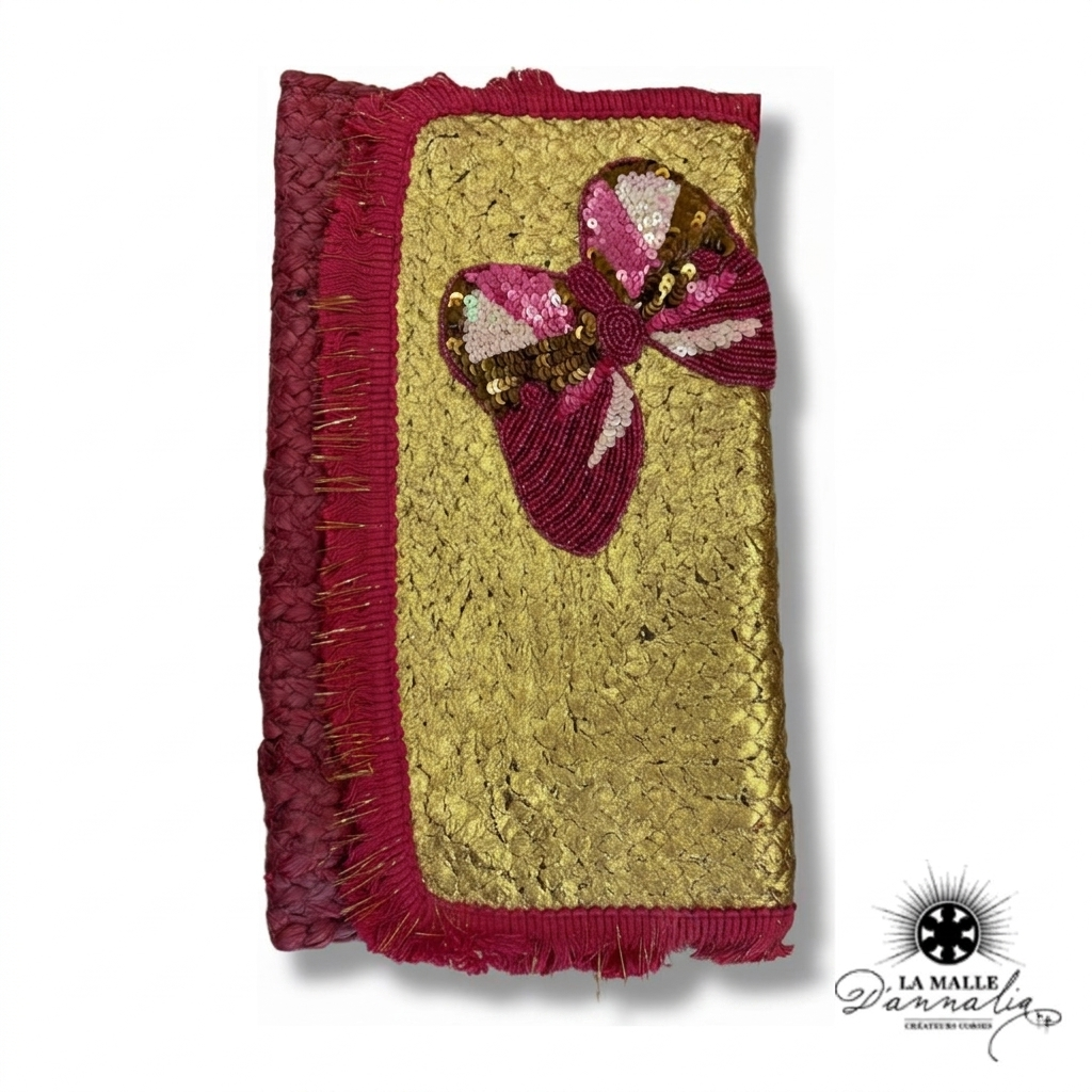 Pochette de Plage Rouge Papillon Brodé & Franges Dorées