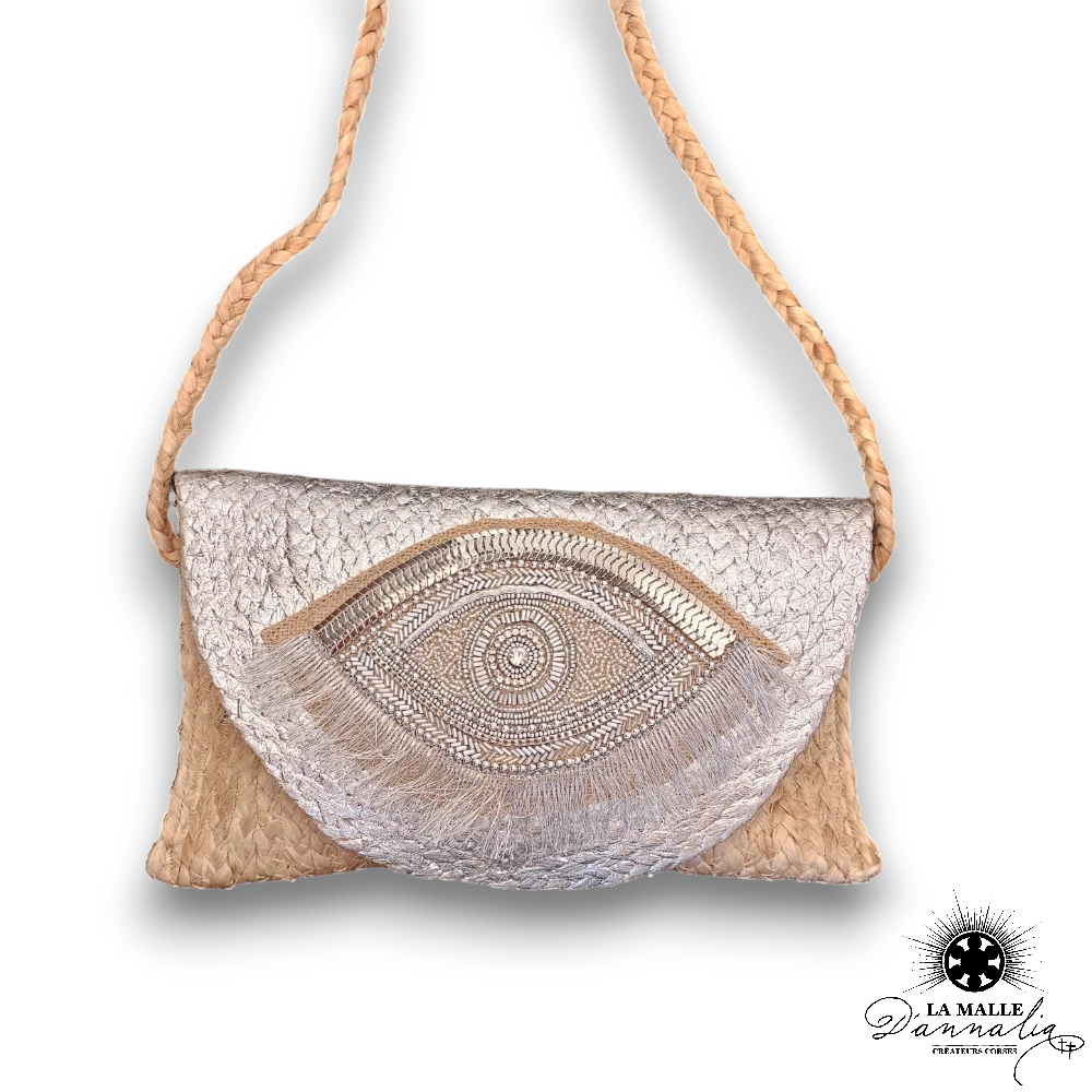pochette en paille oeil argenté lamalledannalia