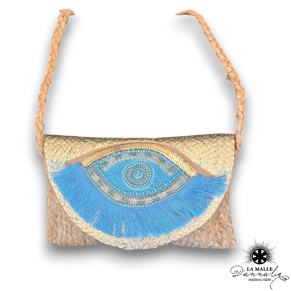 pochette en paille oeil bleu lamalledannalia