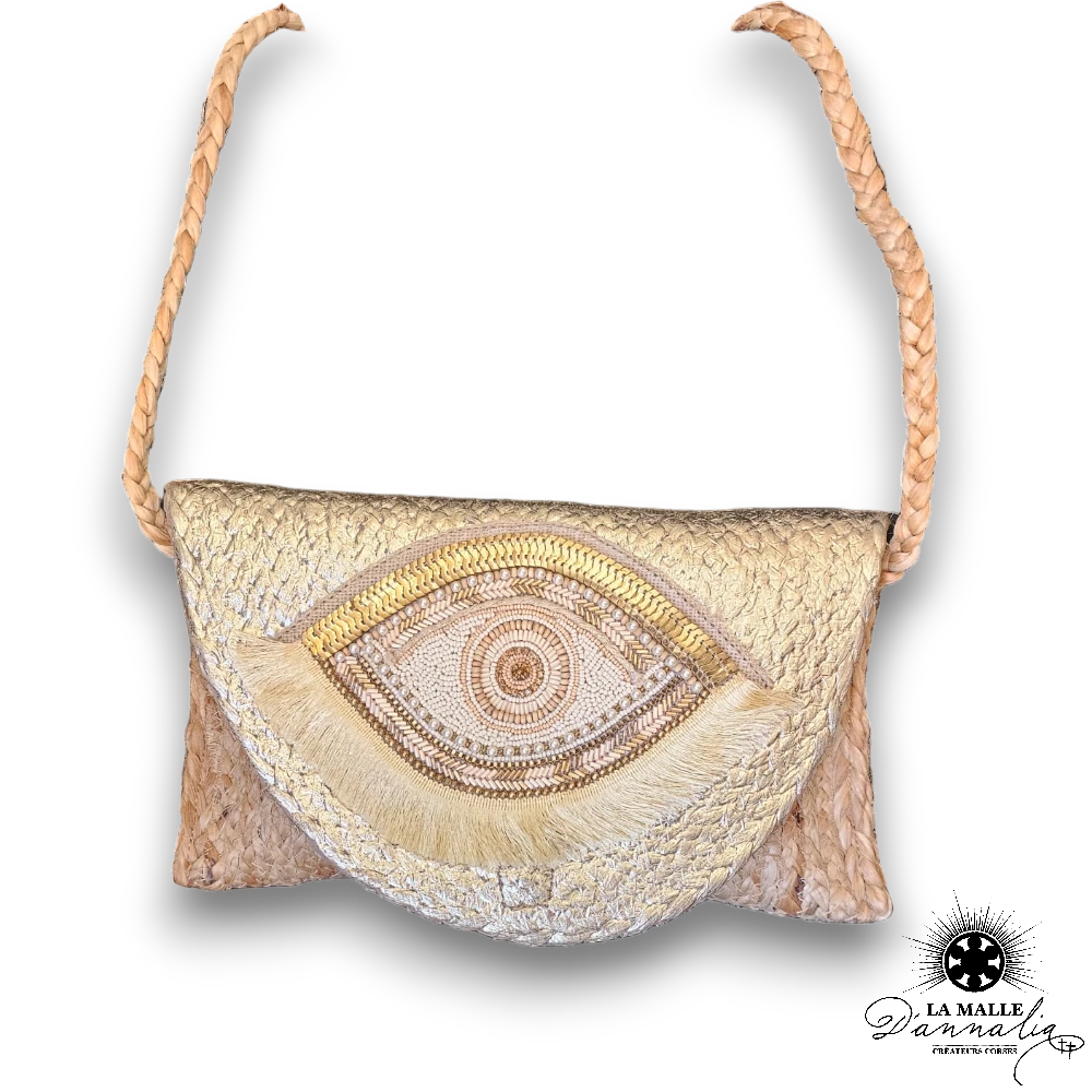 pochette en paille oeil dore lamalledannalia