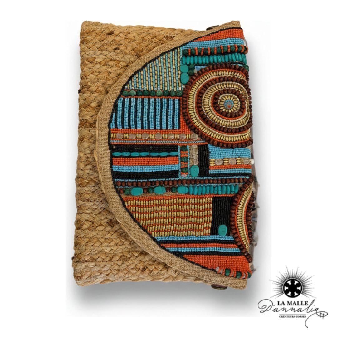 Pochette de Plage Osier & Motifs Ethniques Multicolores