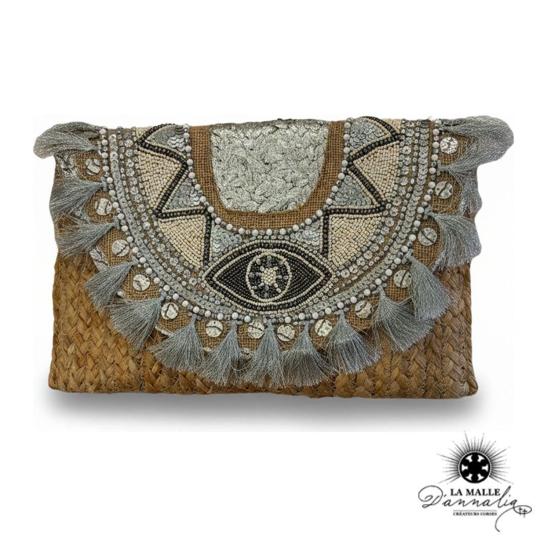 Pochette de Plage Motif Ethnique Perles & Franges Corail
