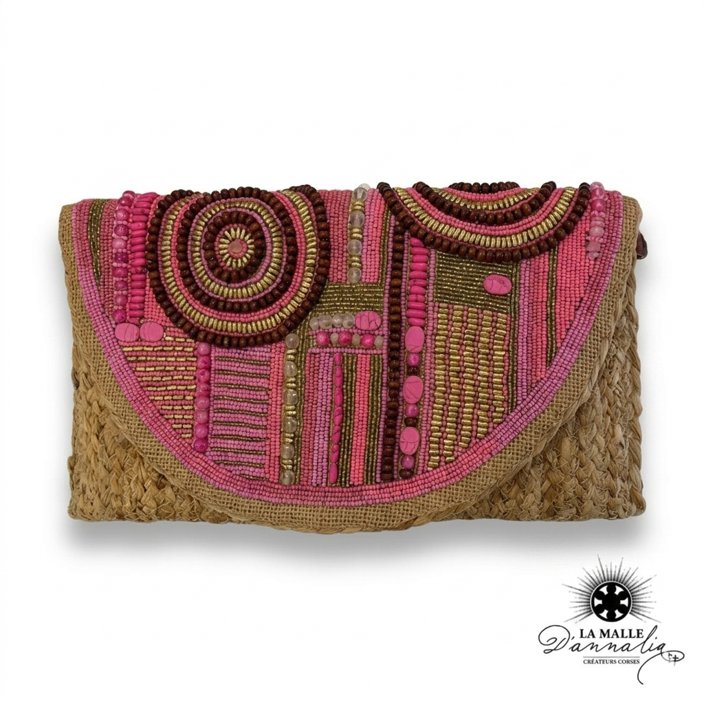 Pochette de Plage Osier & Motifs Ethniques Rose