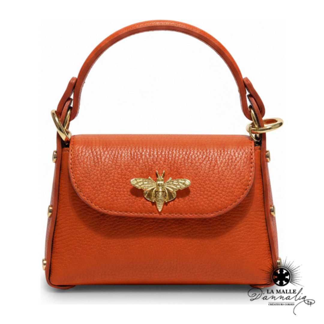 Sac cuir véritable orange fermoir abeille dorée bandoulière chaînette La Malle d'Annalia Bastia