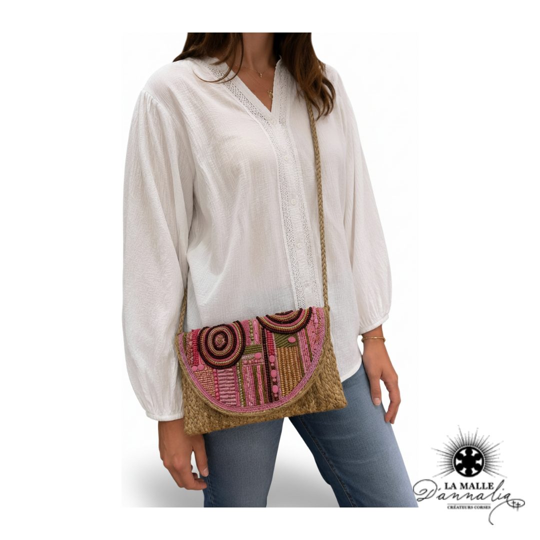 Pochette de Plage Osier & Motifs Ethniques Rose