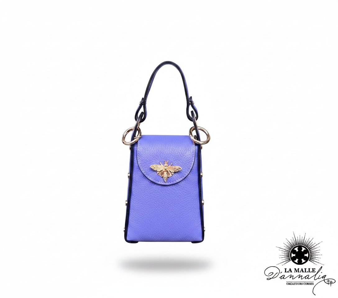 Pochette cuir violette abeille en métal doré, fabrication italienne