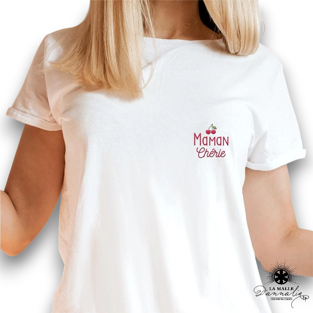 Idée Cadeau Maman : T-shirt Blanc Brodé "Maman Chérie"