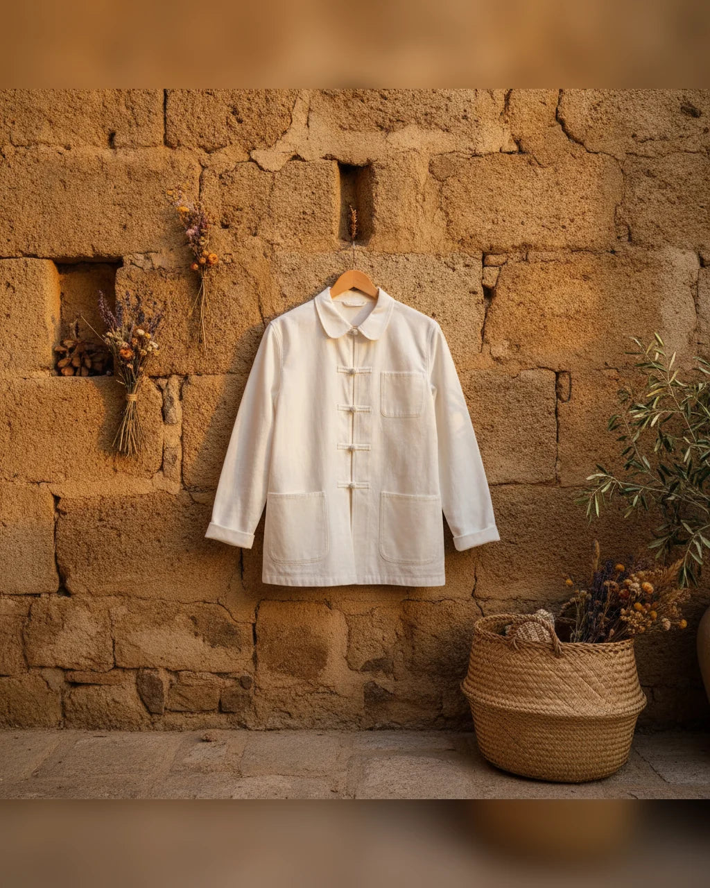 Veste bleu de chine blanche Anticher sur cintre bois mur de pierre corse La Malle d'Annalia