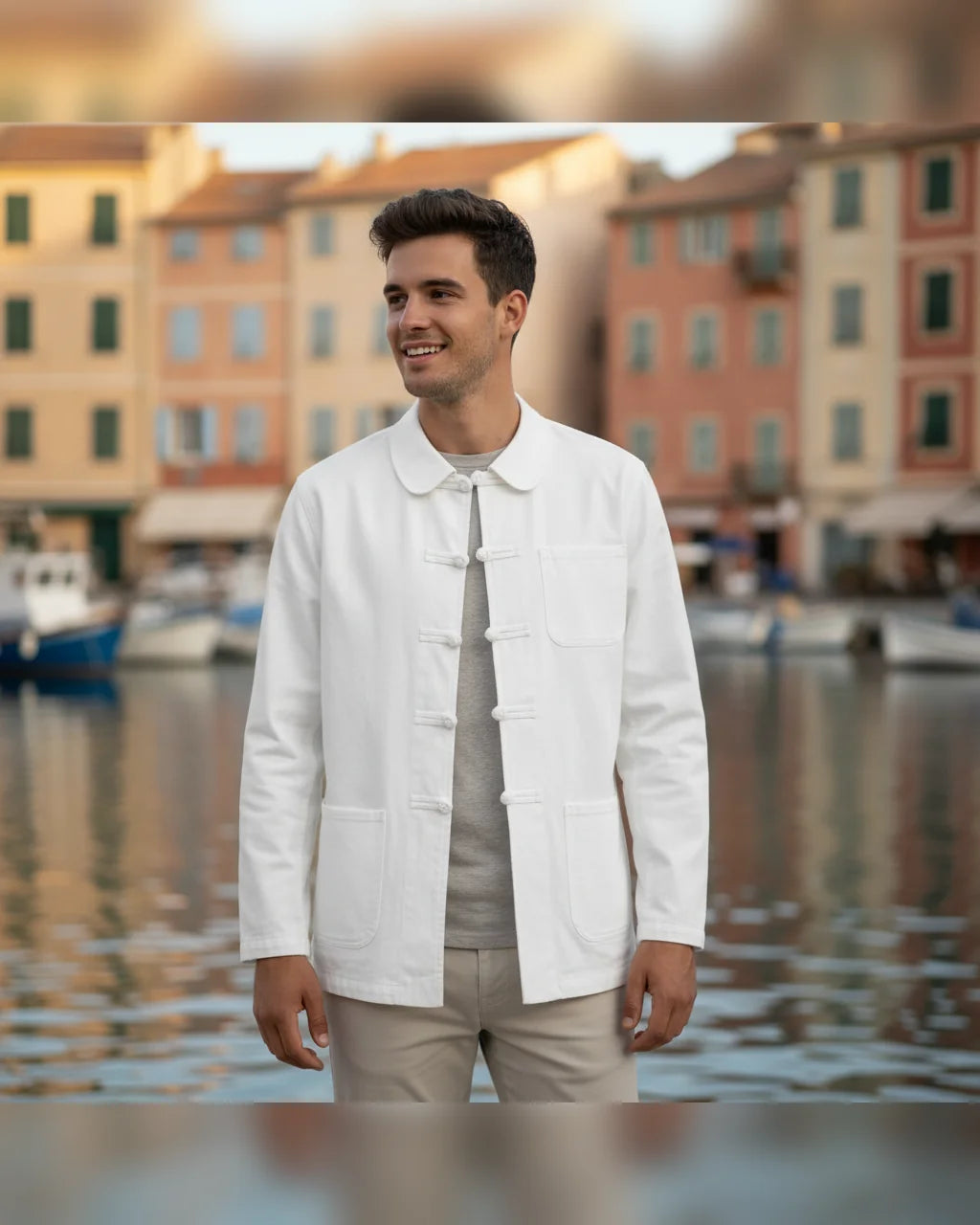 Veste bleu de chine blanche Anticher homme vieux port de Bastia boutons brandebourg La Malle d'Annalia