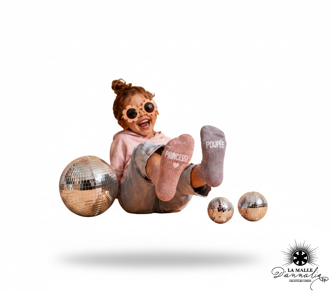 Duo de chaussettes pailletées enfant : une rose "PRINCESSE" et une grise "POUPÉE" lamalledannalia