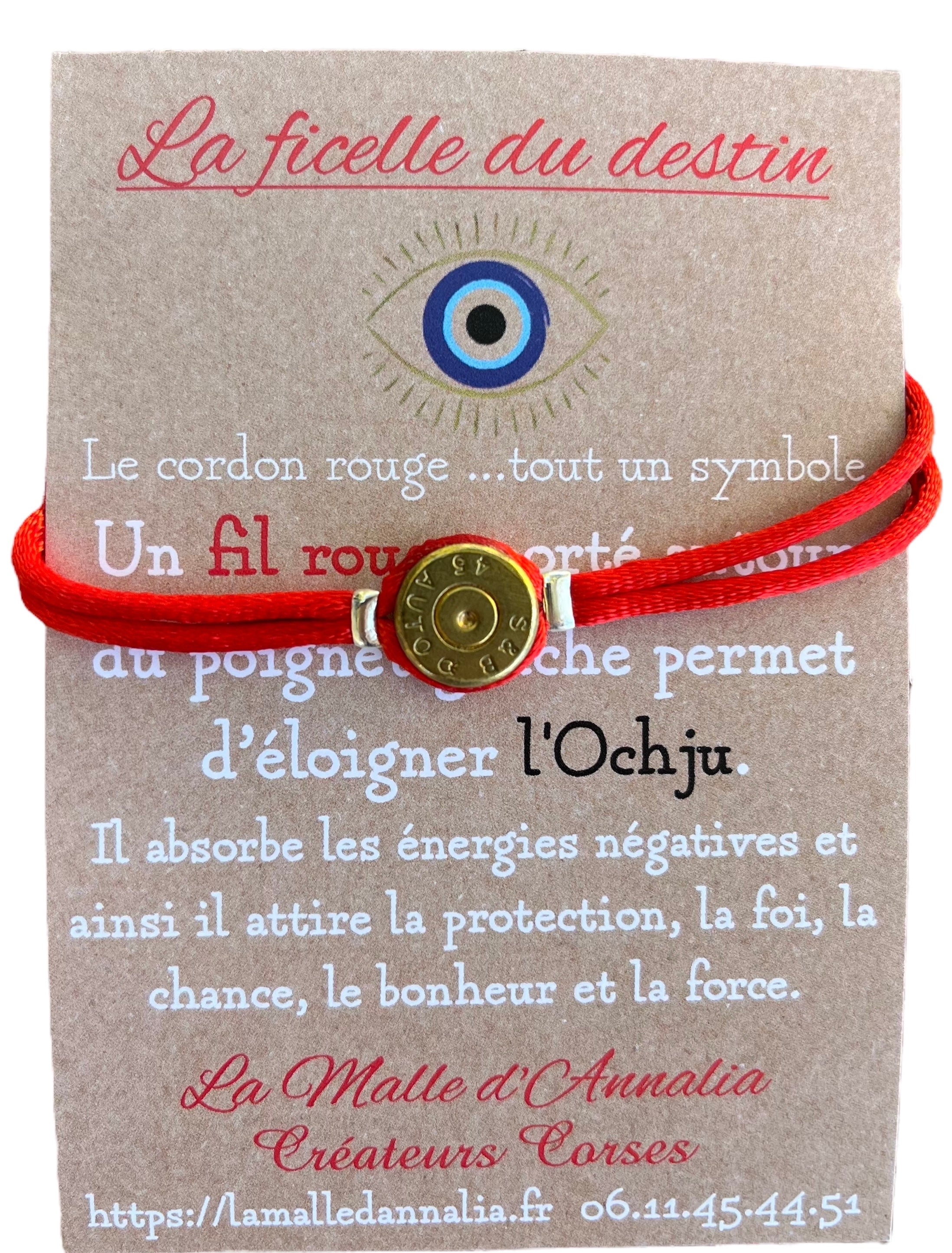 Bracelet Fil Rouge Douille 45 Auto Laiton Brute - Protection et Upcycling - Ajustable - Fait Main en Corse