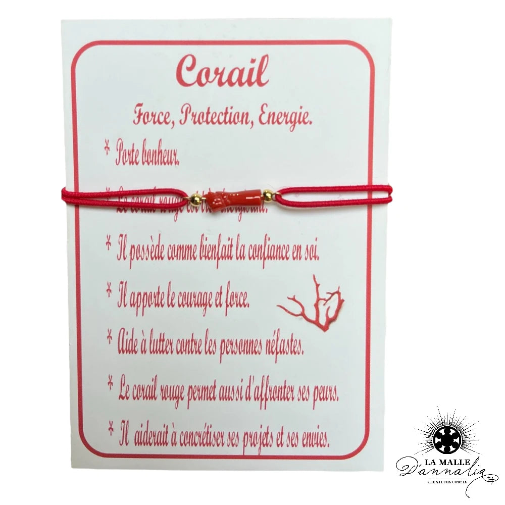 Bracelet corail-dore-acier inoxydable-fil rouge-mains corail-elastique-carte-lamalledannalia