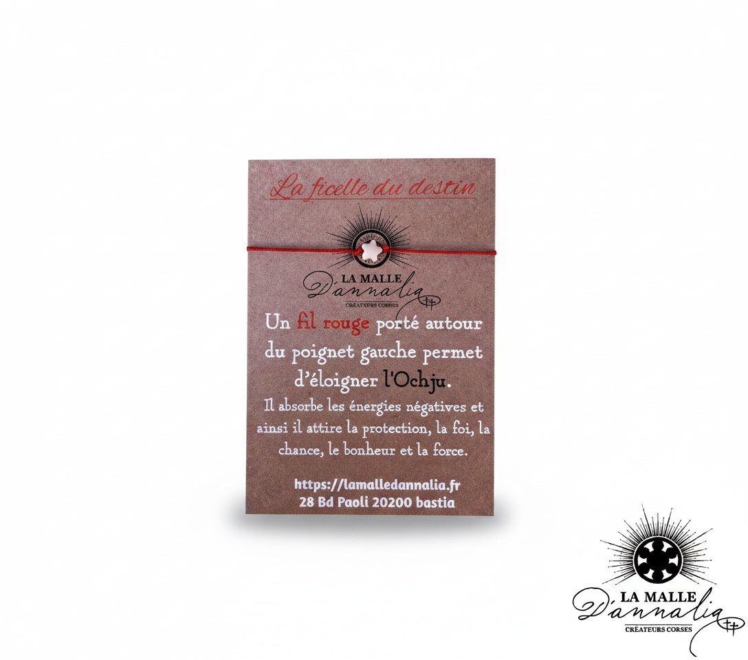 Bracelet fil rouge sur carte destin corse avec message de protection et perle étoile blanche lamalledannalia