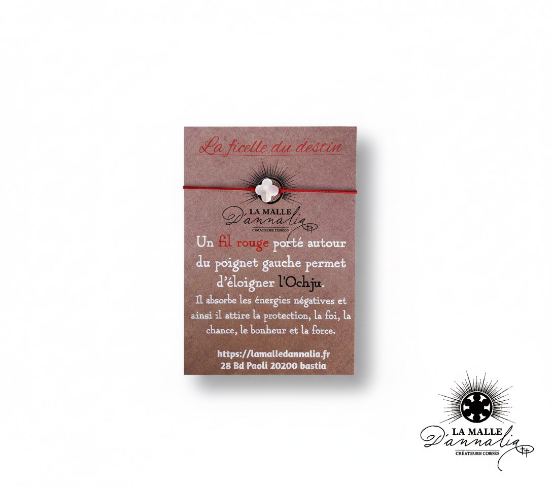 Bracelet fil rouge porte-bonheur avec grand trèfle sur carte "La ficelle du destin" lamalledannalia