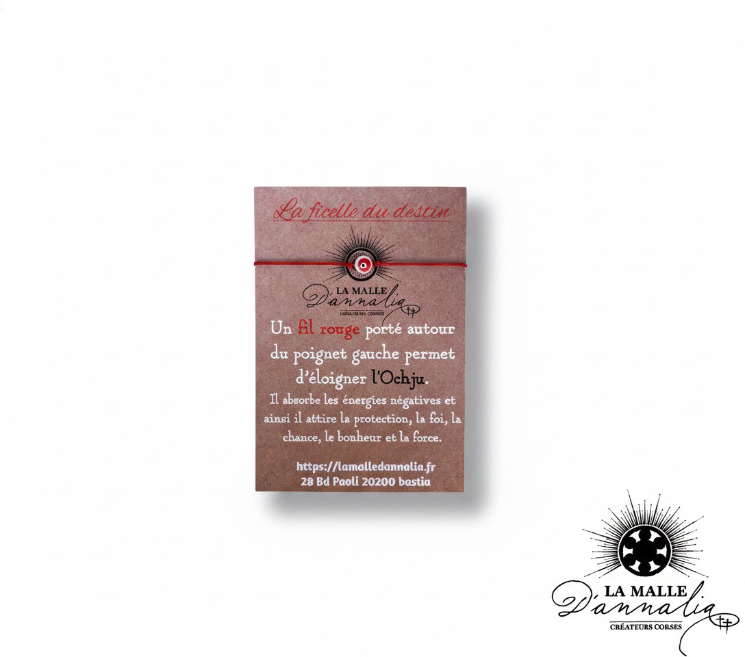 Bracelet fil rouge "La ficelle du destin" avec œil protecteur contre l'Ochju sur carte kraft, porte-bonheur lamalledannalia