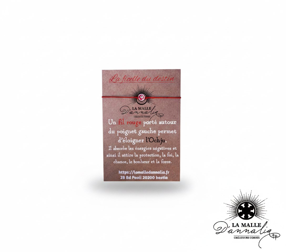 Bracelet fil rouge avec œil porte-bonheur sur carte kraft contre l'Ochju lamalledannalia