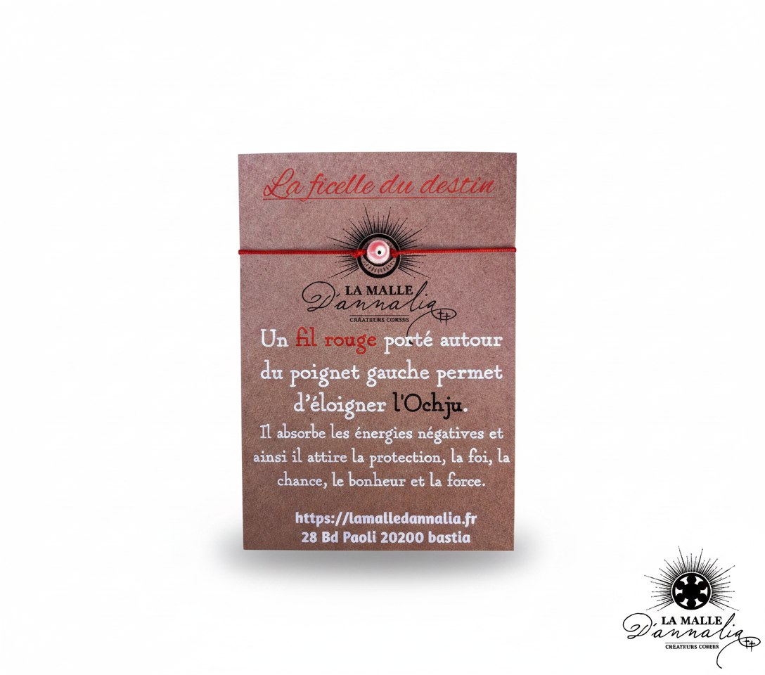 Bracelet fil rouge et perle œil contre l'Ochju sur carte kraft avec texte français lamalledannalia