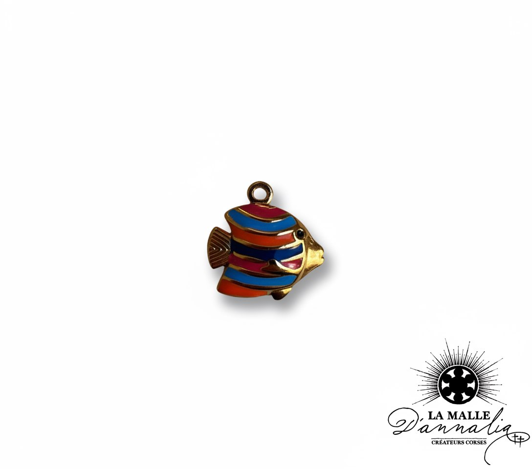 Breloque poisson doré émail rayé bleu rouge lamalledannalia